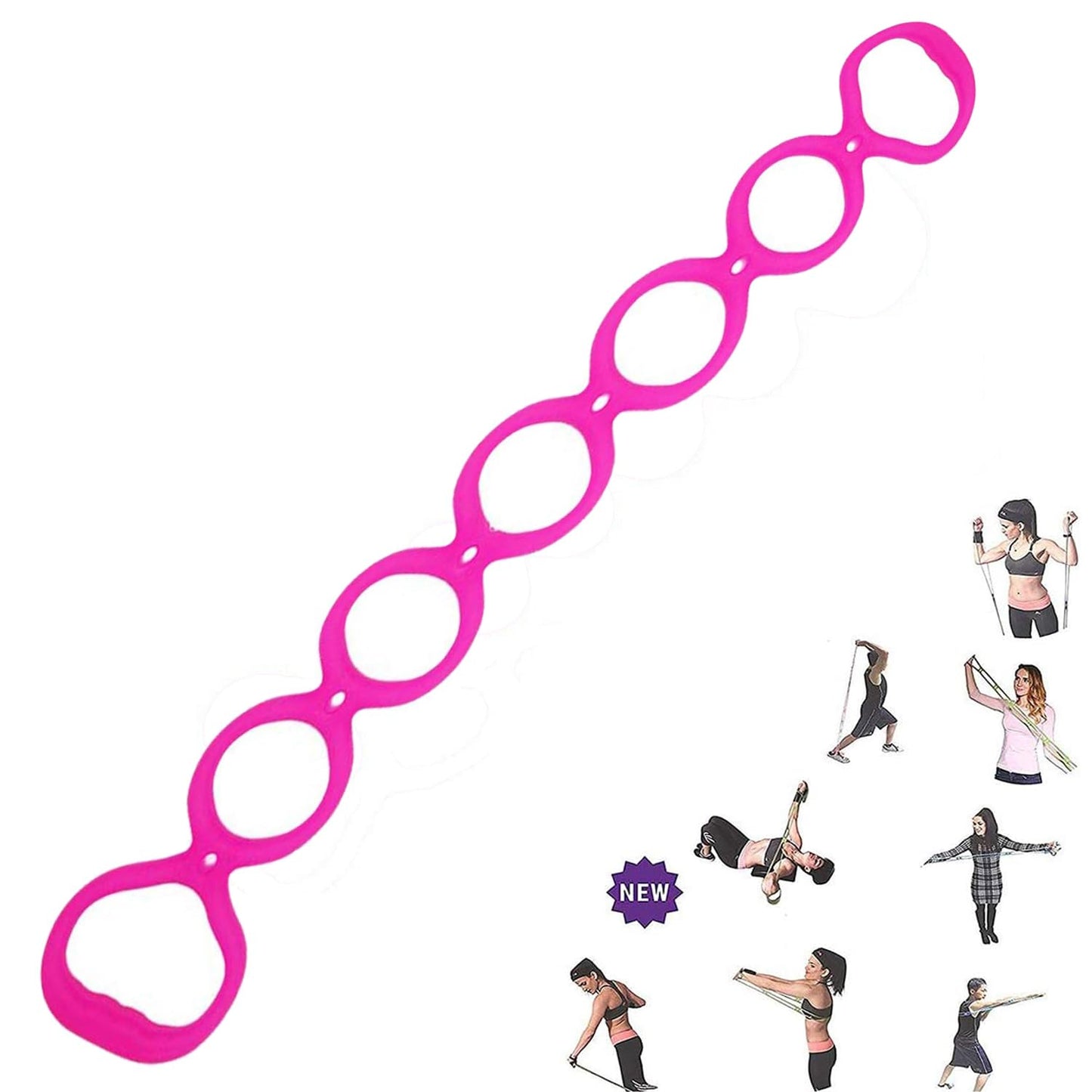 7 Ring Stretch Resistance Exercise Band - Miracle Miles Band, Yoga Stretching, Arm, Shoulders Foot, Leg Butt Fitness Home Gym Physical Therapy Band (Pink)