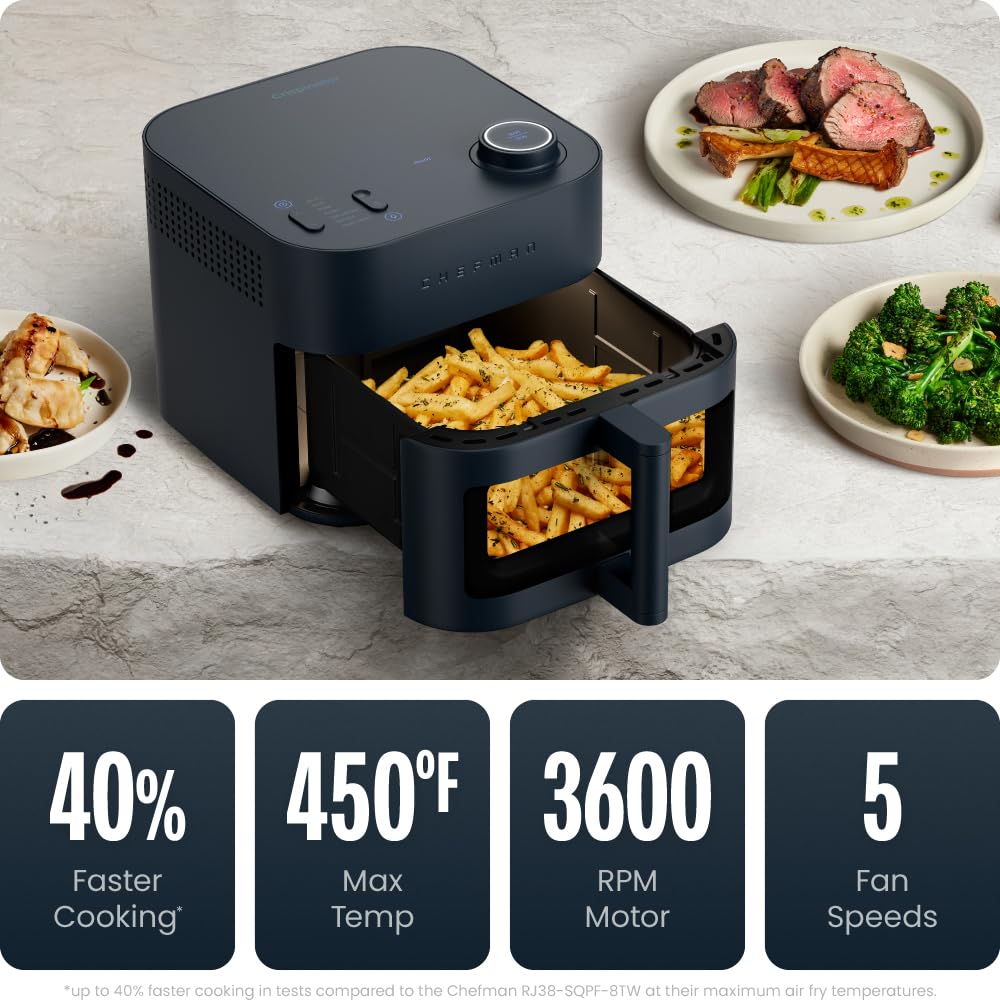 Chefman Crispinator Air Fryer 7-in-1 with 8 Qt Capacity, 450°F Max Temp & TurboFry Pro Technology for Fast, Even Results, Bake, Broil, Dehydrate, Viewing Window, Nonstick Ceramic-Coated Basket