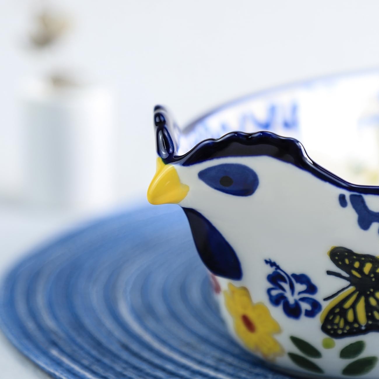 Bicuzat Vintage Butterfly and Flower Pattern Pie Pan, Chicken Shape Ceramic Bakeware Casserole Dish Baking Pan Bakers Lasagna Pans Soup Bowl Baking Dish for Oven to Table-Blue-25 OZ