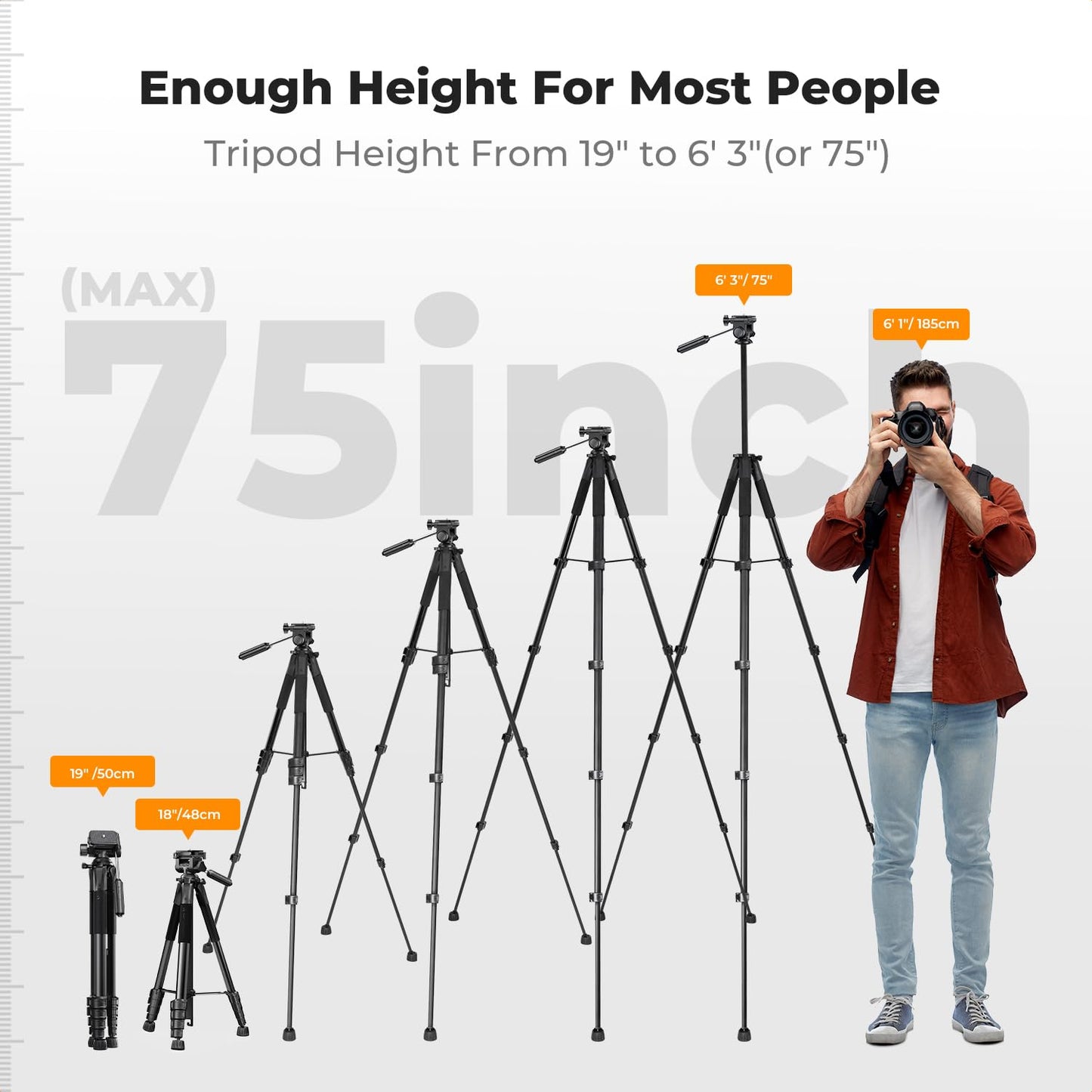K&F CONCEPT Camera Tripod, 75" Lightweight Portable Travel Outdoor DSLR Tripods for Camera Phone Video Recording Tripod Stand, Cellphone Clip for Smartphone Live Streaming Vlog, Black