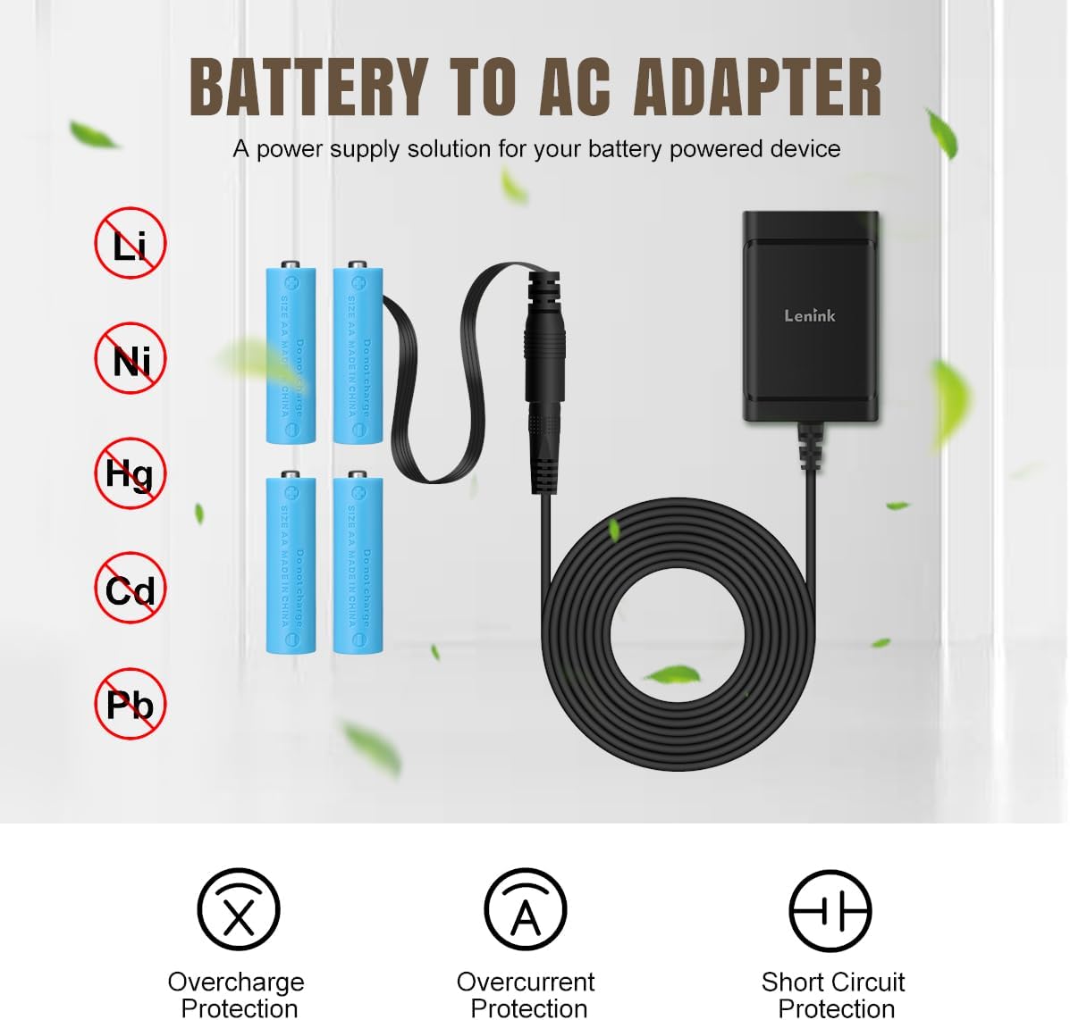 Lenink 4 AC Power Supply Adapter for AA Batteries, AA Battery Replacement Adapter for LED Light, LED Decorations