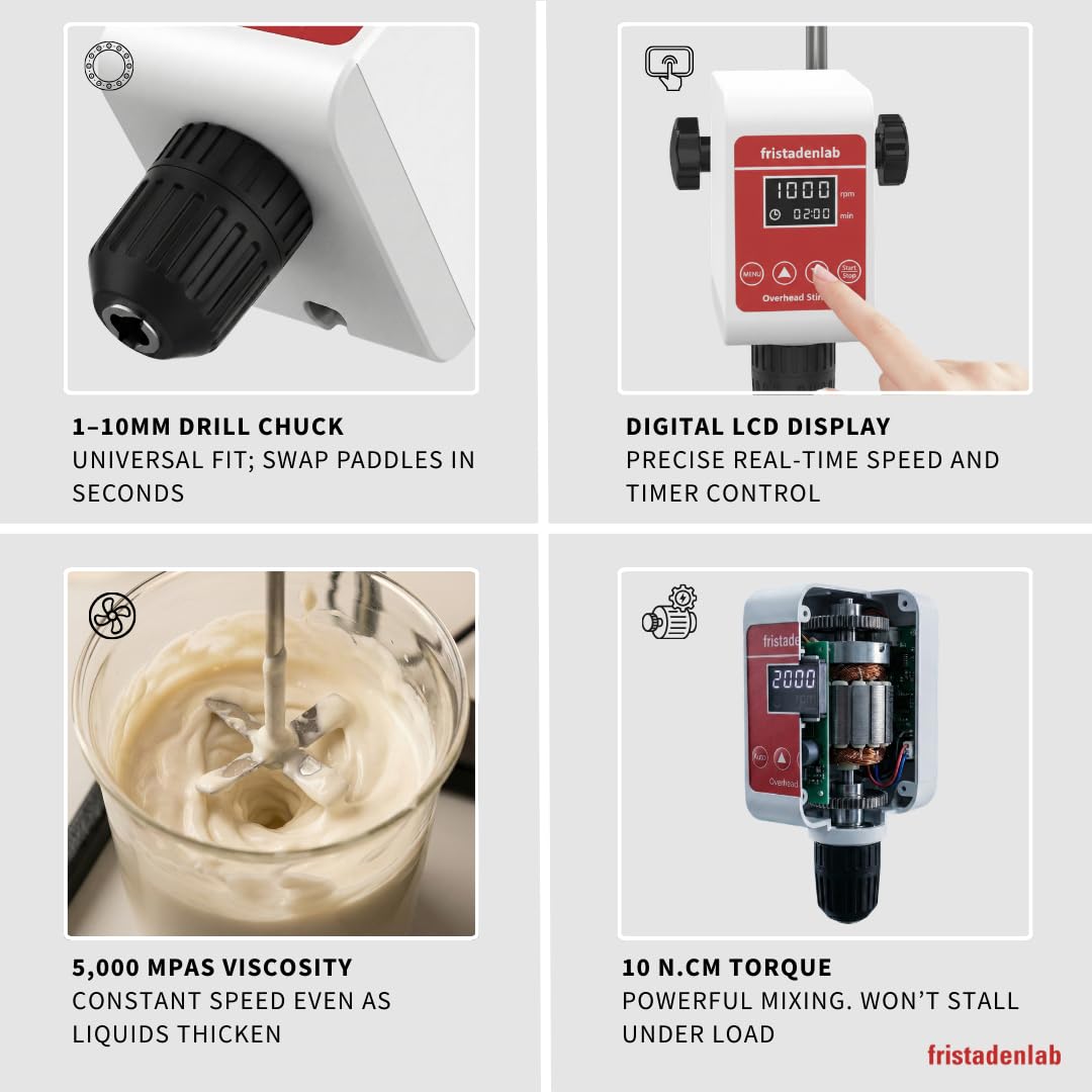 Fristaden Lab Digital Overhead Stirrer – 10L Capacity - up to 8,000mPa·s Viscosity - Mixer for Viscous Liquids - 100-1200rpm with Stand & Stirring Rod