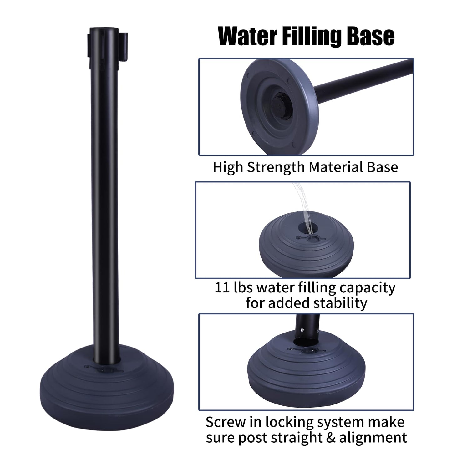 6PACK BESEA Crowd Control Stanchions with 10 FEET Retractable Belts, Water Filled Base Weighted Barriers Black Post