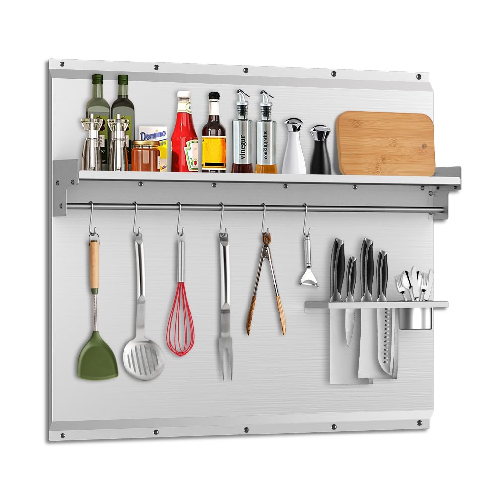 VENFAN 48"x 30" Stainless Steel Backsplash, Range Backsplash with Storage Shelf & Knife Rack, Stainless Steel for Stove Wall Shield with Pre-Drilled Holes