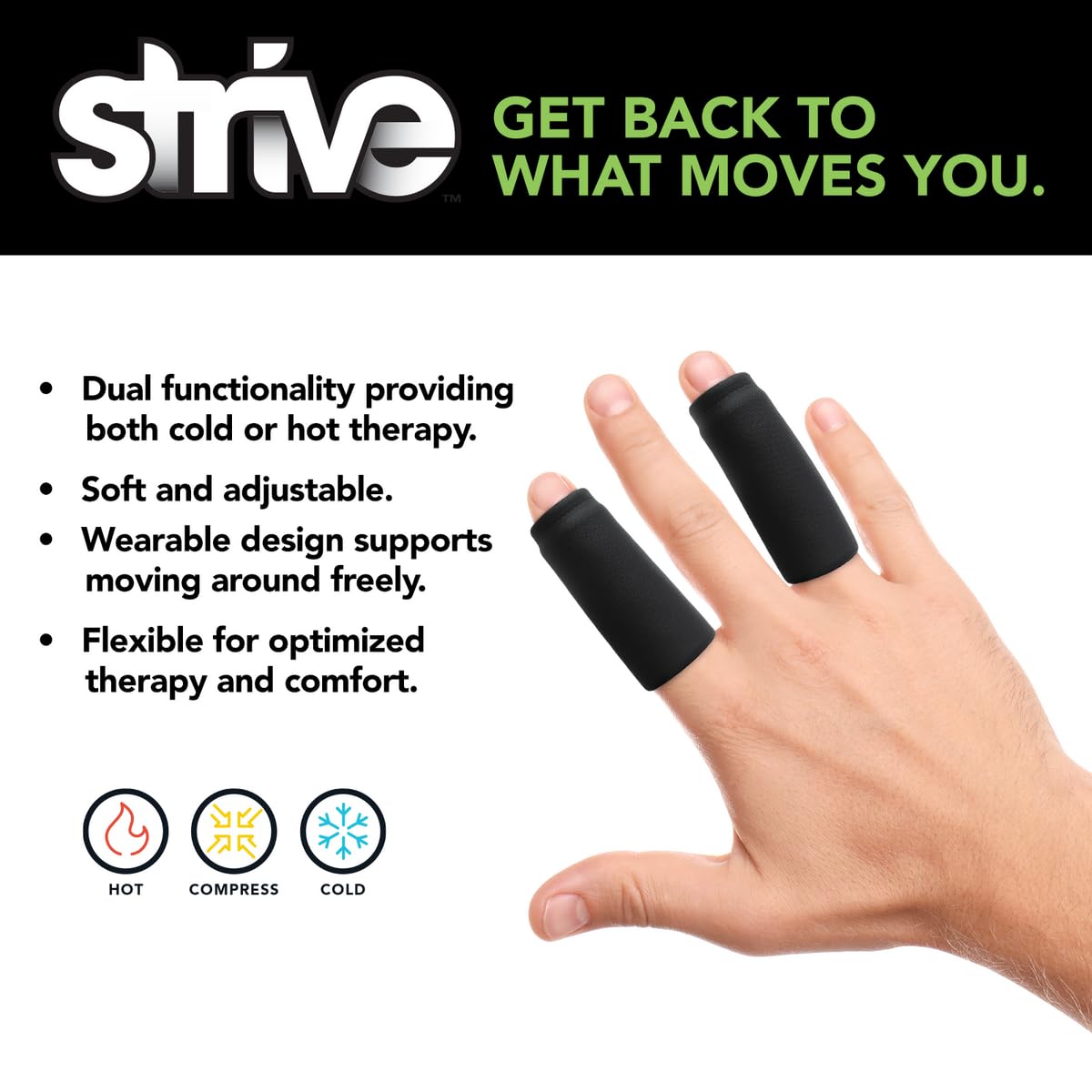 Strive Finger Sleeve Ice Pack Wrap, Hot & Cold Therapy Wrap for Soothing Relief and Support, Flexible Compression for Comfortable Healing, Perfect for Finger Pain and Injury Recovery, Black, 5-Pack