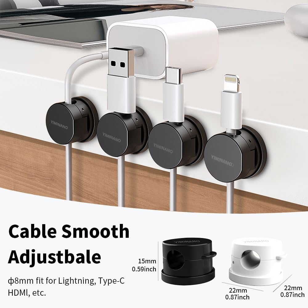 YIMINANO 6 Pack 360 Magnetic Cable Clips, Rotatable Cord Organizer, Adhesive Cable Holder for Desk, Nightstand, Car