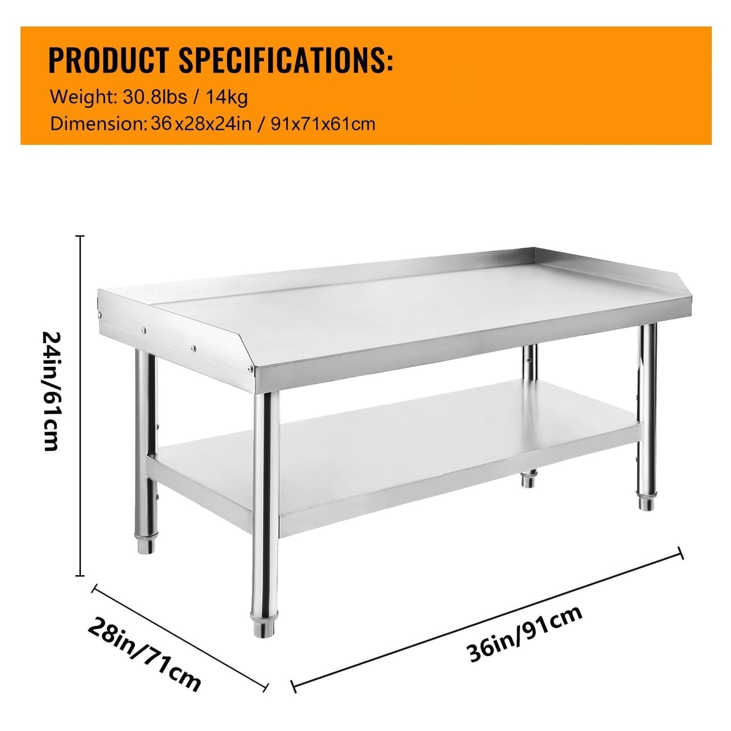 ExploreHorizon Stainless Steel 36x28x24 Inch Equipment Grill Stand Table, 660 Lbs Top & Bottom Shelf, Adjustable Legs, 2" Edge Baffle, for Hotel, Home, Commercial Restaurant Kitchen