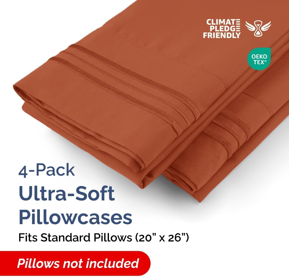 Skiennix Standard Pillow Cases Set of 4 - Ultra Soft Hotel Quality Covers - Machine Washable Terracotta