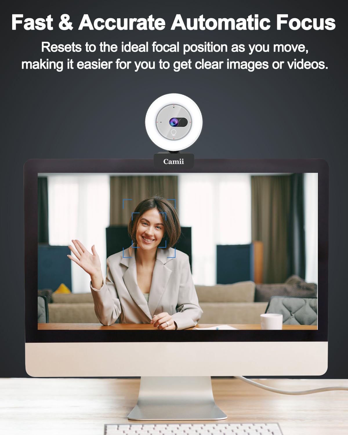 Camii 2K Webcam with Light, HD Webcam for PC with Built-in Privacy Cover, Adjustable Brightness, Noise Reduction Mics
