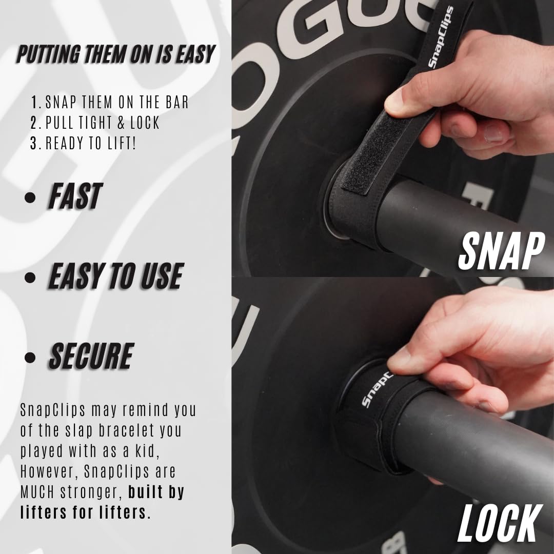 SnapClips Barbell Collars | Pair of 2” Olympic Barbell Clamps | Quick & Easy Adjustable Weight Clips | Perfect Clips for Powerlifting, Strongman (Black)