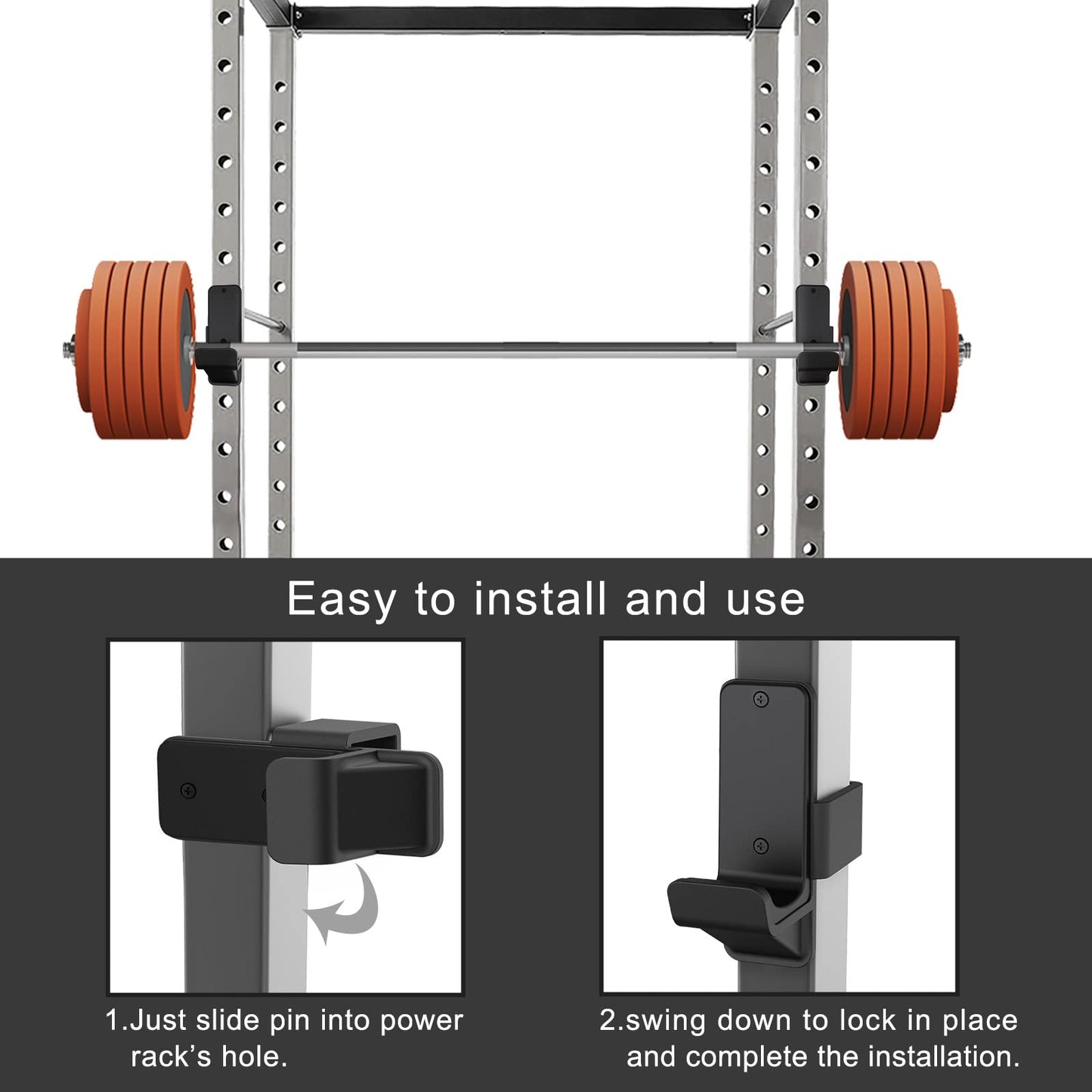 Kipika J-Hooks for 2" x 2" Power Rack with 5/8" or 1" Hole, Bottom Reinforced Steel Hooks with Rubber Pads, Heavy Duty Power Rack Attachments, Squat Rack Accessories for Strength Training, Set of 2