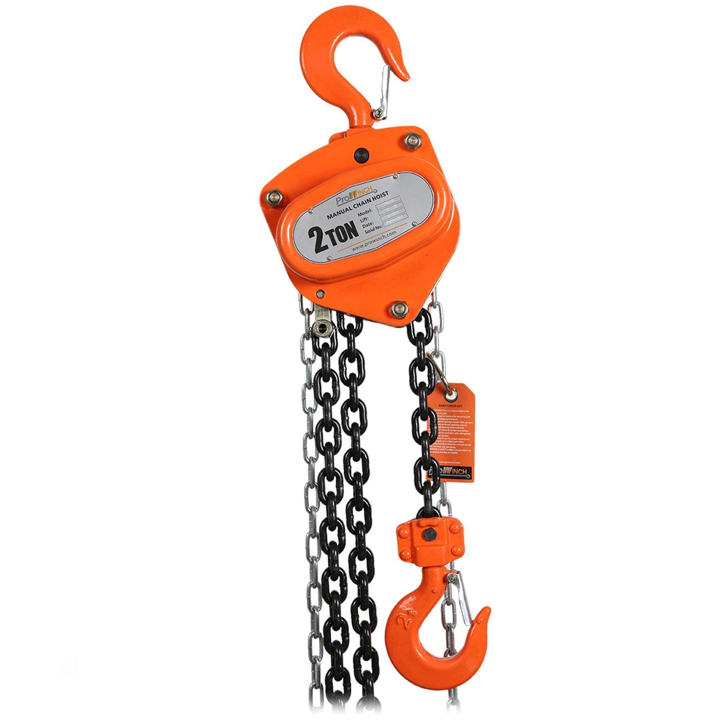 Prowinch 4400 lbs. 2 Ton 20 ft Manual Chain Hoist with Durable G80 Black Tempered Chain for Heavy-Duty Lifting and Rigging in Industrial and Construction Applications