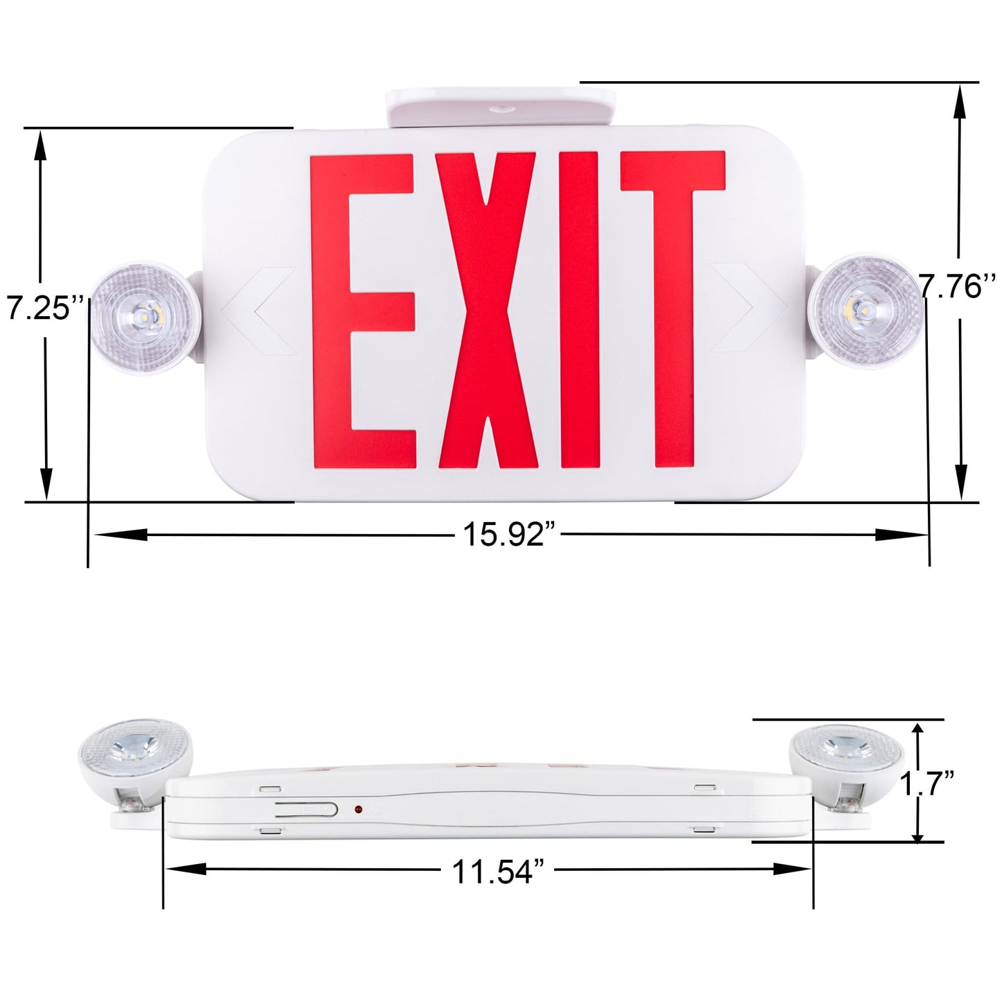 LIT-PaTH LED Combo EXIT Sign with 2 Adjustable Head Lights and Double Face, Back Up Batteries- US Standard Red Letter Emergency Exit Lighting, UL 924 and CEC Qualified, 120-277 Voltage, 4-Pack