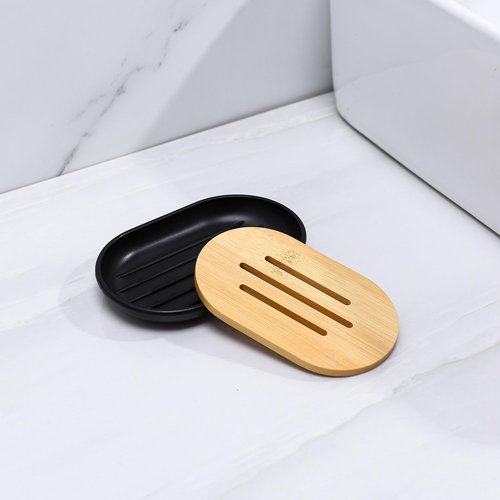 FNGJMJG Matte Black Bathroom Accessories Set 7 Pcs,Bamboo Bathroom Accessories Sets,Black Soap Dispenser and Toothbrush Holder Set,Qtip Holder,Vanity Tray,Soap Dish,Modern Bathroom Decor