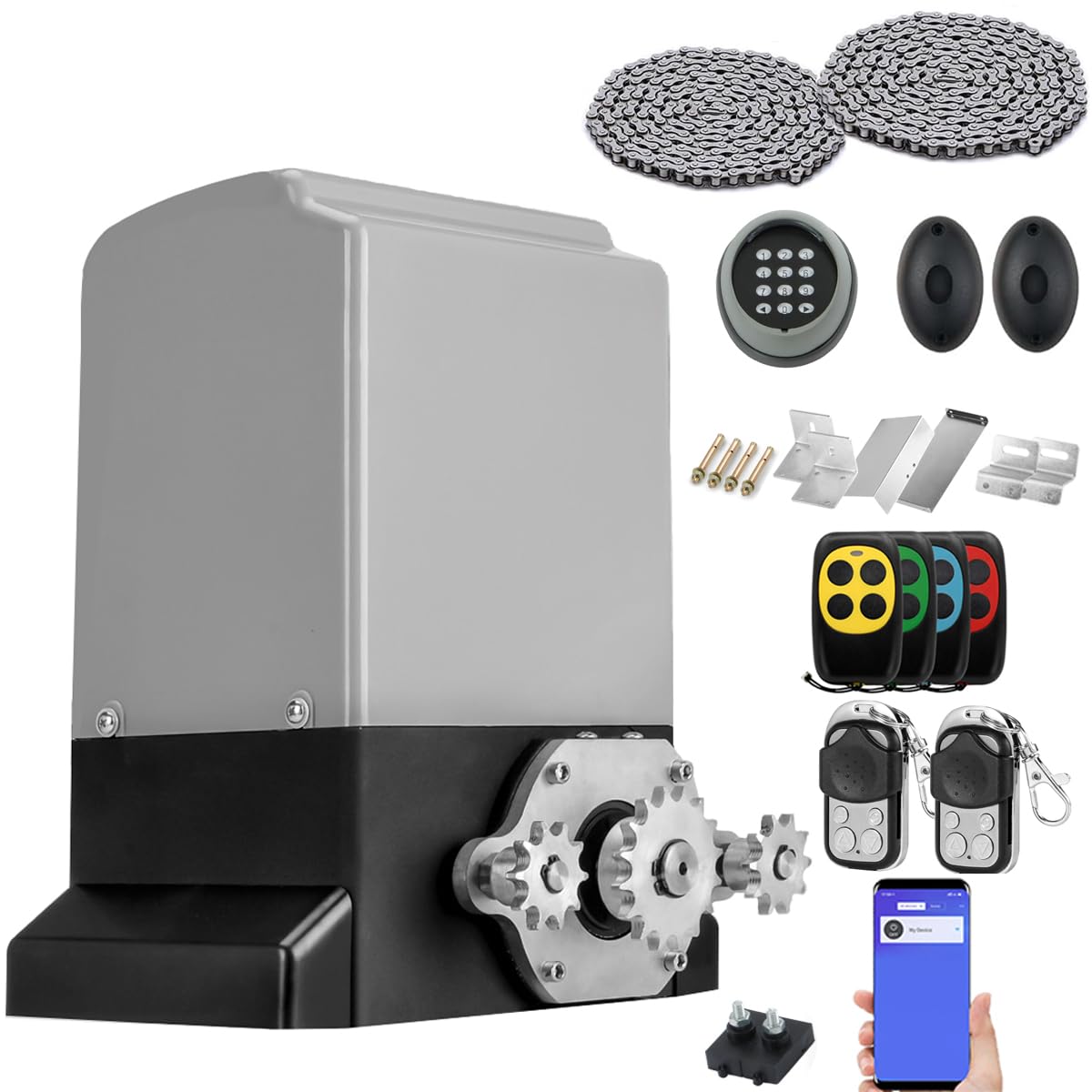 ASGO 3300lb Automatic Sliding Gate Opener APP Control with 6 Remote, Driveway Electric Slide Gates Operator Motor Complete Kit, 20ft Driven Chain/IR Secure Sensor/Keypad