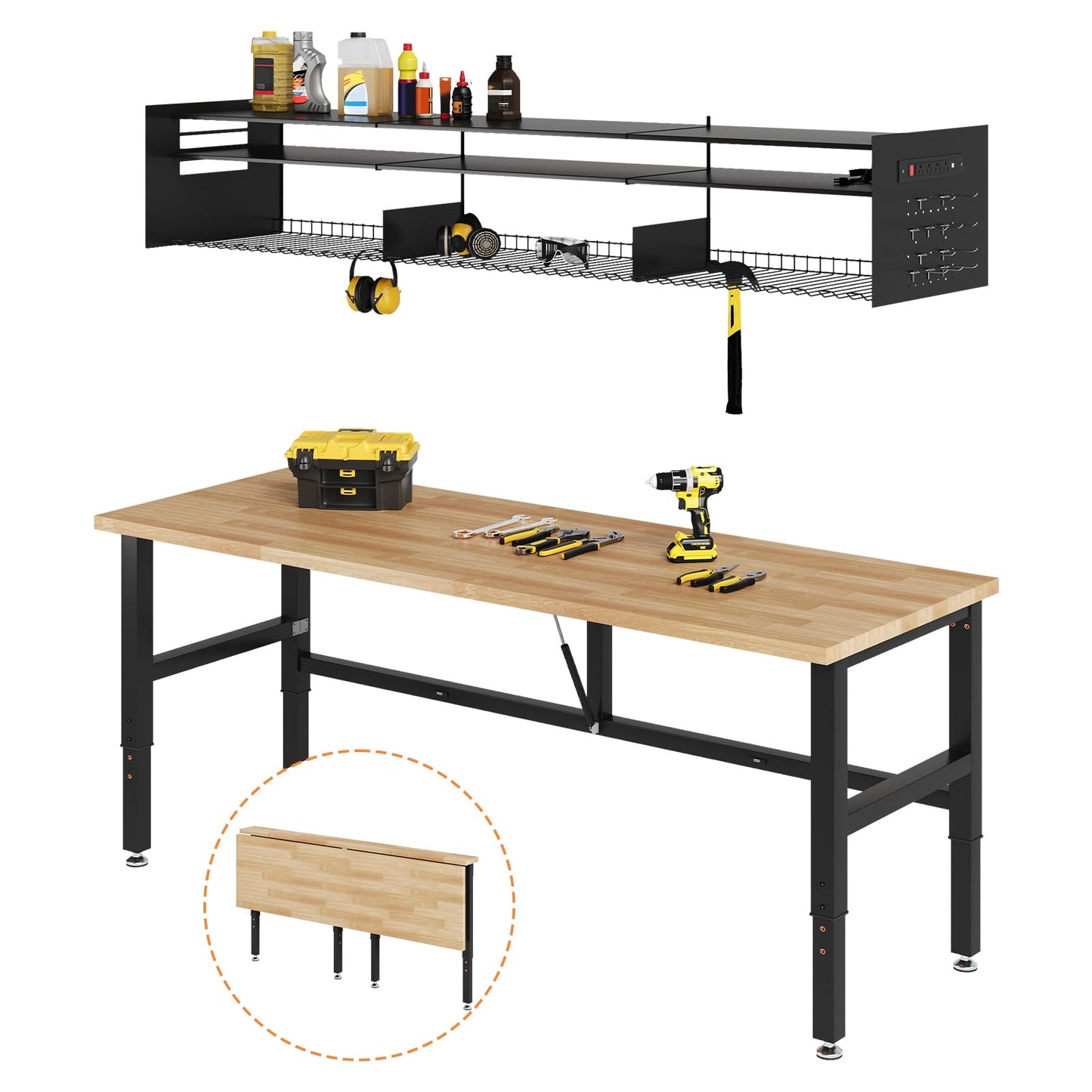 SPECRAFT 72x24 Folding Workbench with Wall-Mounted Tool Rack, Adjustable Foldable Workbench with Power Outlets & Hooks, 2330 LBS Capacity, 30.7"-40" Height for Garage, Workshop, Office