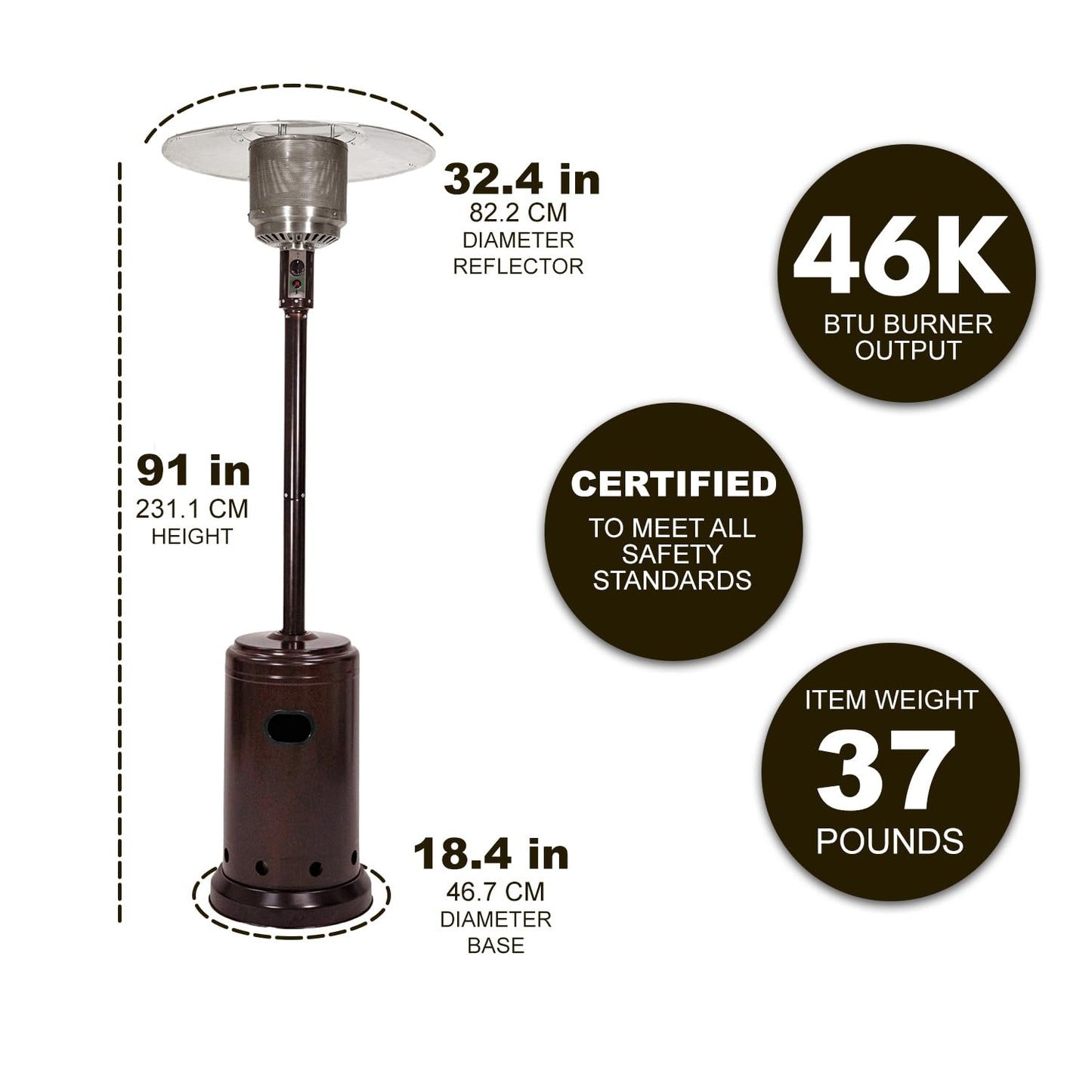 Amazon Basics 46,000 BTU Portable Outdoor Propane Patio Heater with Wheels, Commercial & Residential, Easy to Use, with Water Tank, Havana Bronze, 32.1 x 32.1 x 91.3 inches