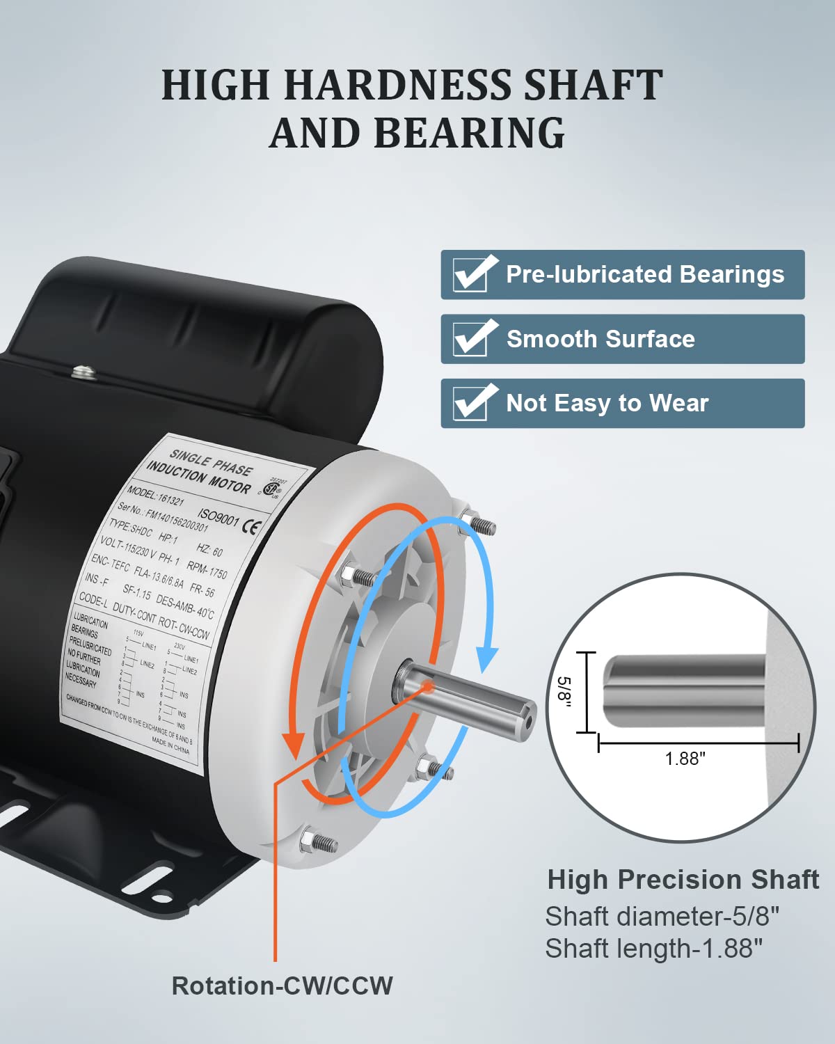 Electric Motor 1 HP Farm Duty Motor, Single Phase Motor 1750RPM 115V/230V 13.6/6.8A CW/CCW TEFC