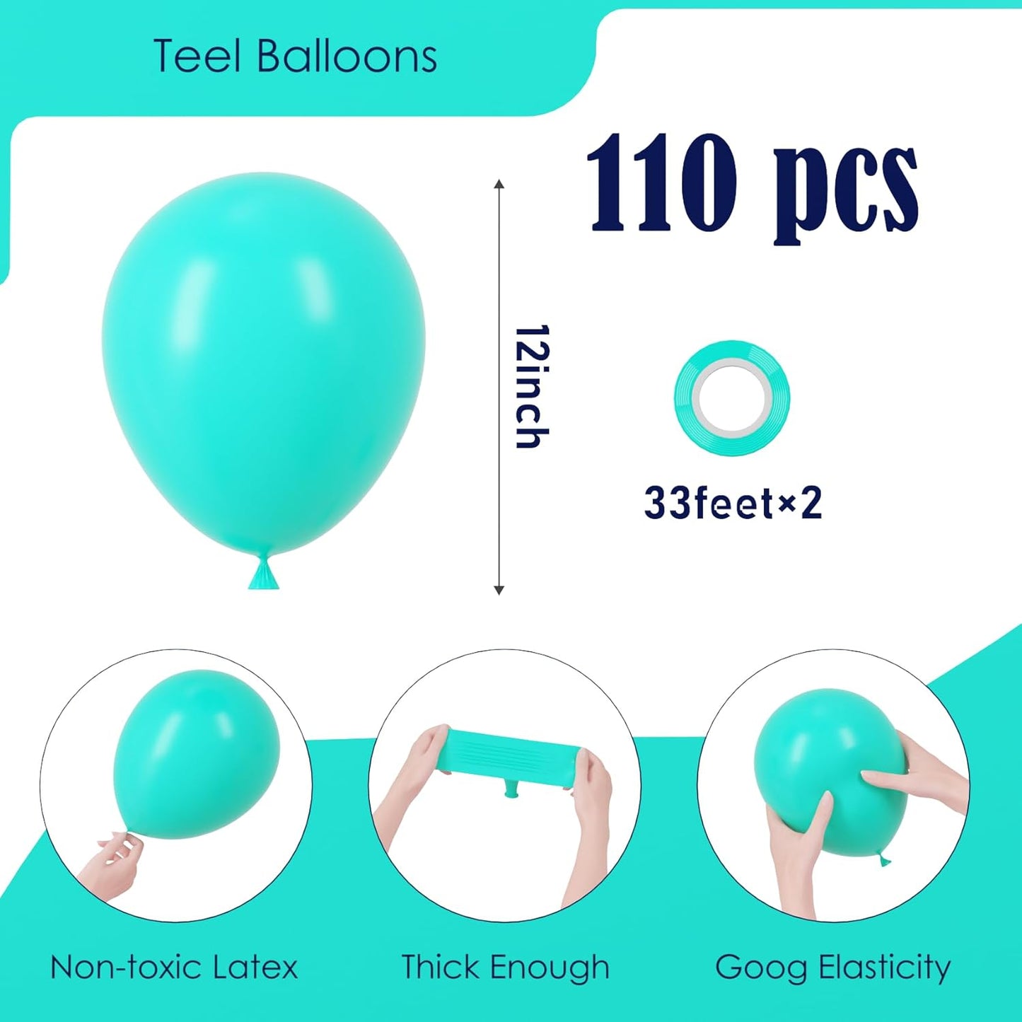 Voircoloria 12-Inch Teal Balloons - 110 Pack of Turquoise Latex for Graduation, Weddings & Parties