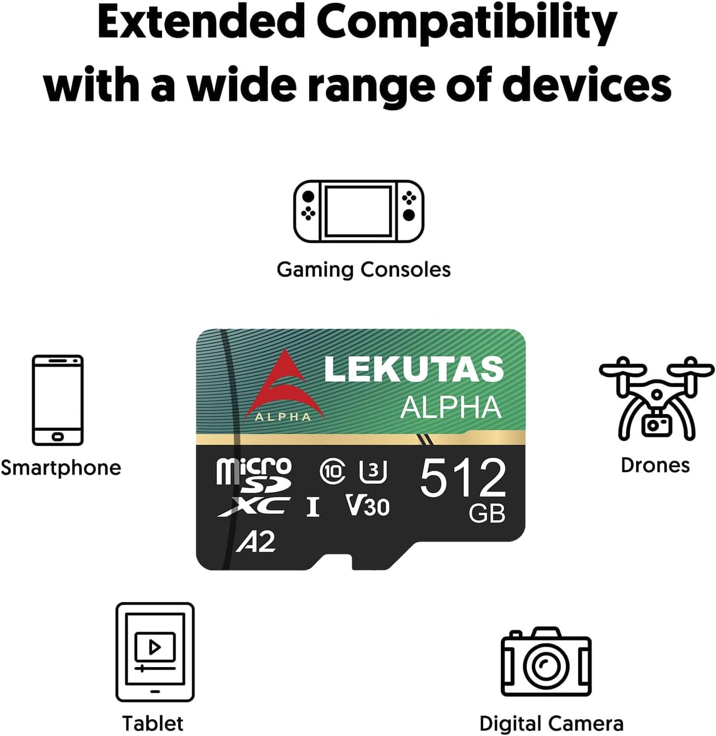lekutas 512GB 120MB/s, C10, U3, A2, V30, 4K Micro SD Card, microSDXC UHS-I Flash Memory Card TF Card, High Read Speed