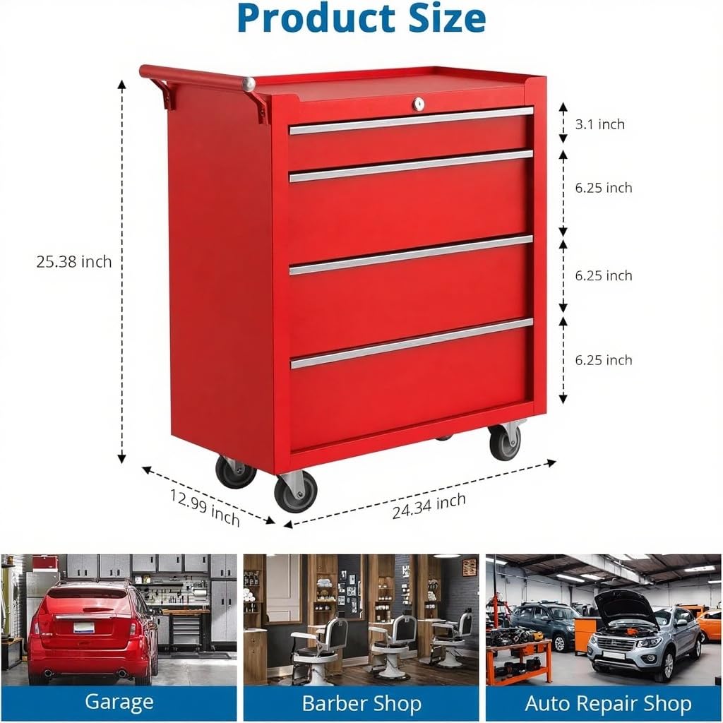 GarveeHome 4-Drawer Tool Chest, Rolling Tool Box with Wheels and Lock System, Portable Storage Rolling Tool Chest for Warehouse, Workshop & Repair Shop, Red