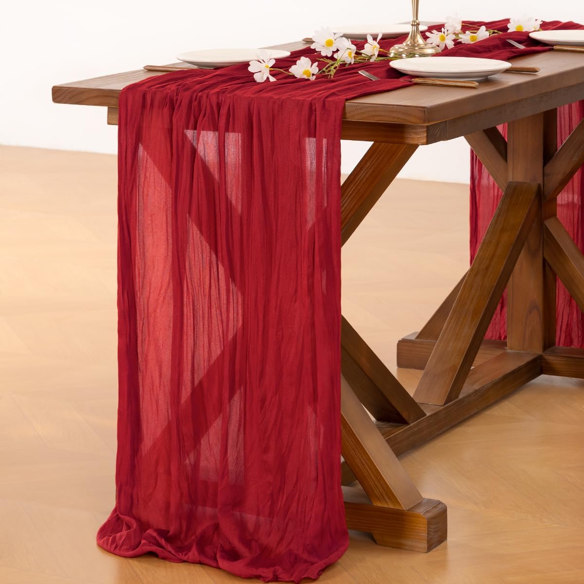 Socomi 6-Piece Red Cheesecloth Table Runner - Boho Rustic 120-Inch Decor for Weddings & Parties