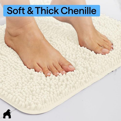Gorilla Grip Bath Rug Mat - Thick Soft Absorbent Chenille | Quick Dry Microfiber, 24x17, Ivory