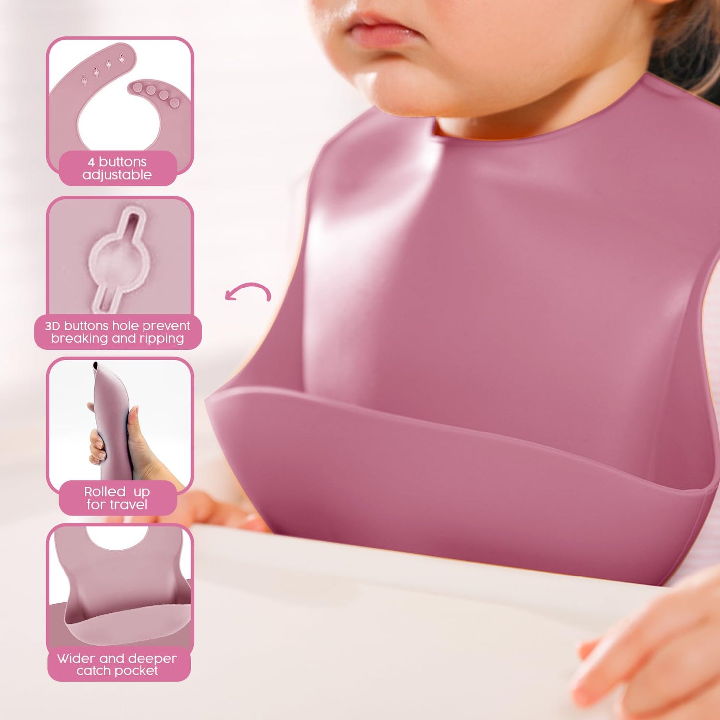 2025 Silicone Baby Feeding Set - All in One: Spoon, Fork, Suction Bowl, Divided Suction Plate, Sippy Cup, Silicone Bib and Travel Bib -6 + Month, Toddler & Baby silicone feeding set - BPA free, Pink