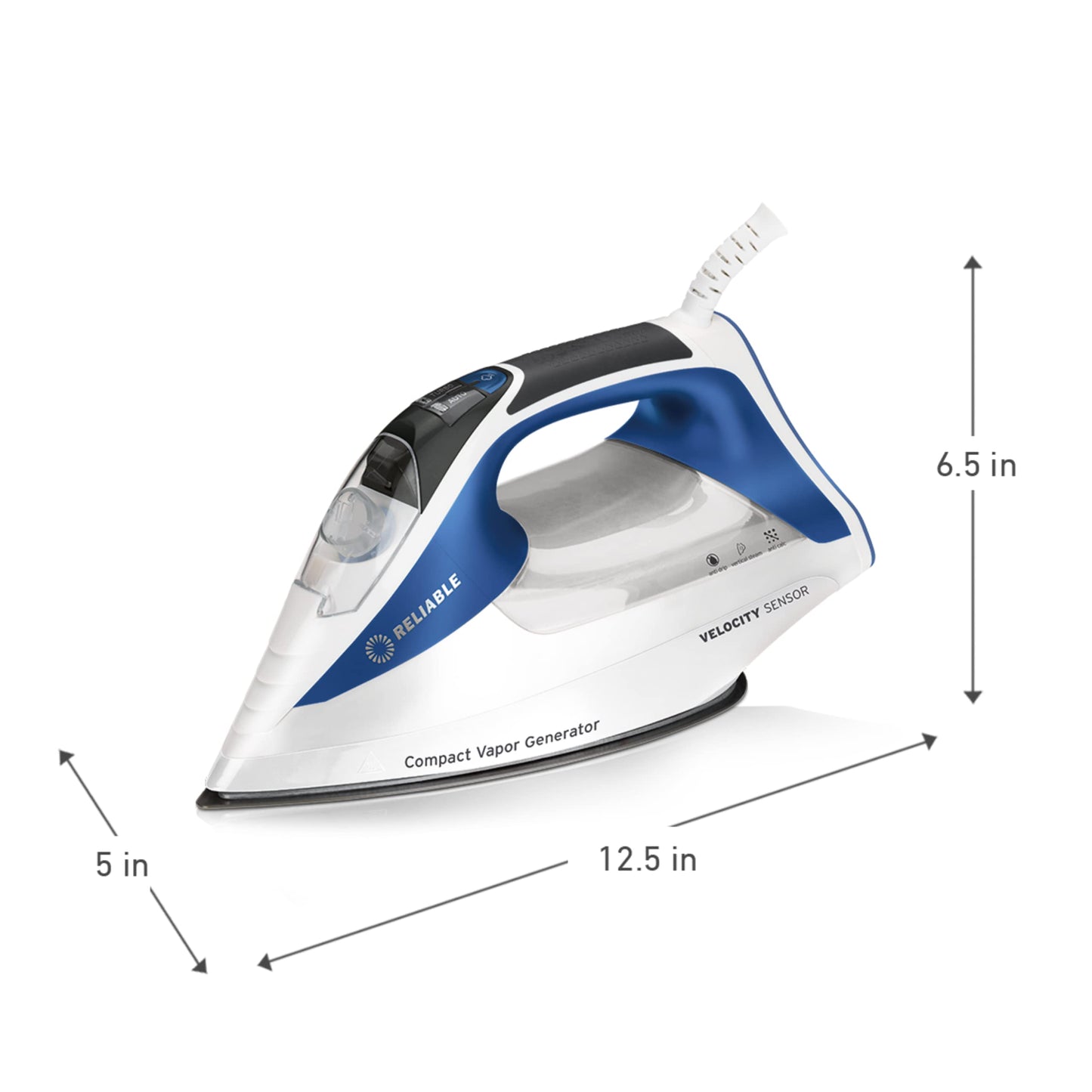 Reliable Velocity 240IR Steam Iron for Sewing, Quilting and Clothes, 1800W Compact Vapor Generator, Leak Free Continuous Steam, Touch Activated Control, Scratch Resistant and Easy to Clean Soleplate