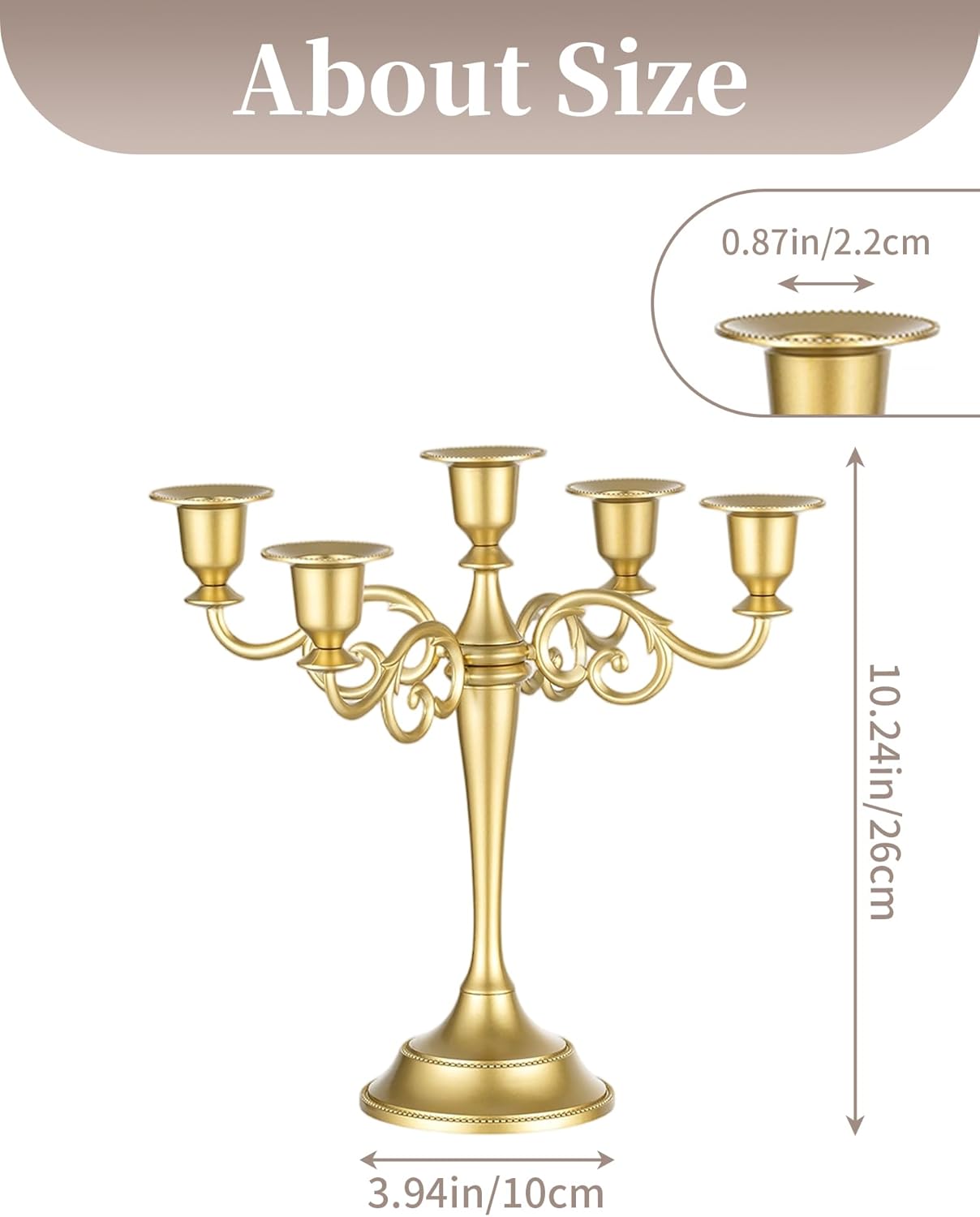 Sziqiqi Gold Candelabra | 10-Inch Table Centerpiece Candle Holder for Taper Candles - 5 Arms Design
