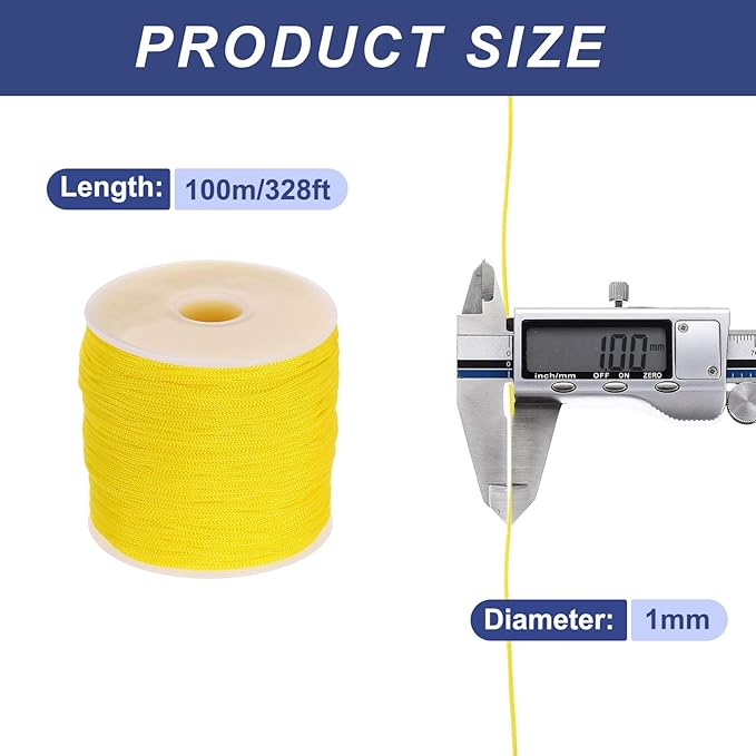 MECCANIXITY 1/16 Inch Polypropylene Rope Braided Ropes, 328ft Nylon Rope Hollow Utility Cord for Clothesline, Camping, Hiking, Outdoor, Yellow