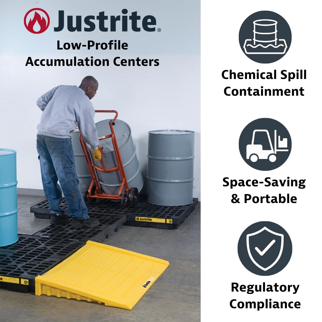 Justrite Low Profile 1 Drum Spill Containment Pallet Accumulation Center - 5.5" Tall - 12 Gal Capacity for 55 Gallon Drum Containment - Made in The USA from 30% Recycled Polyethylene - Yellow - 28652
