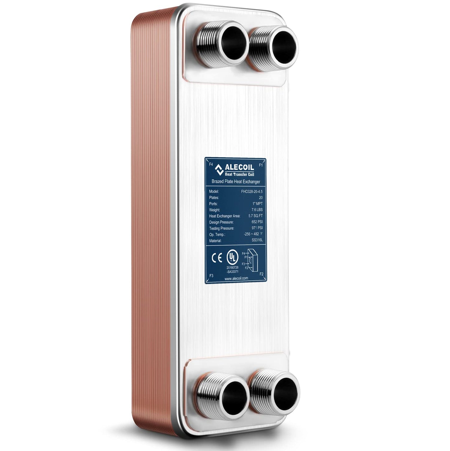 ALECOIL 4"x12"-20 Plates Heat Exchanger with 1" MPT Port Water to Water 316L Stainless Steel Brazed Plate Heat Exchanger for Water Heating, Floor Heating, Industrial and Commercial Refrigeration