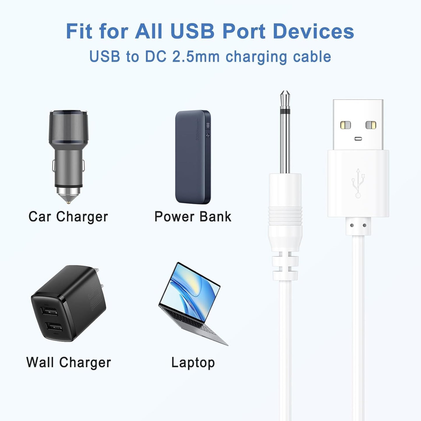 2 Pack 2.5mm Vancle DC Charging Cable USB to DC Fast Charger Cord for Beauty Instrument Charging Cable Massager Charger