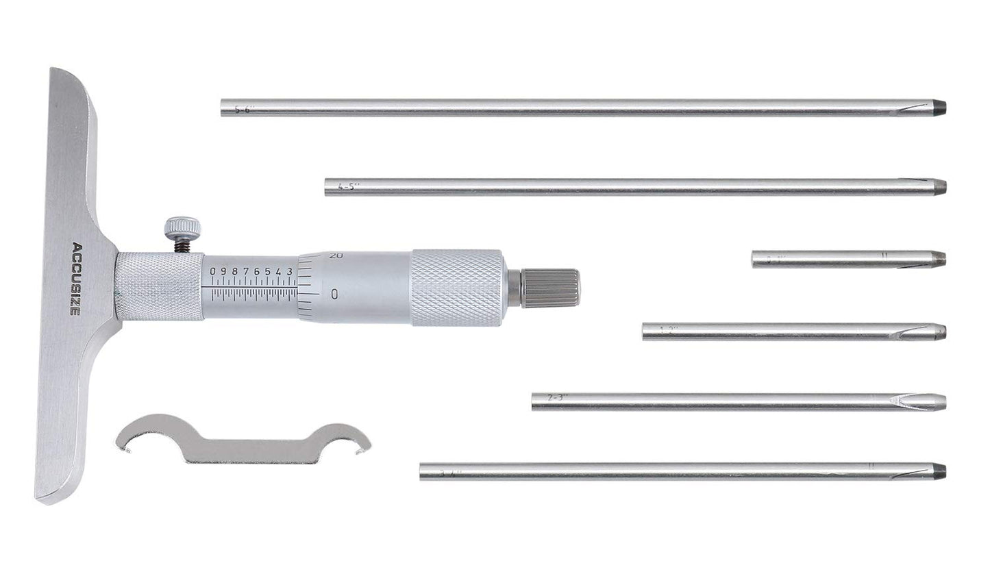 Accusize Industrial Tools 0-6'' by 4'' Base Depth Micrometer, 0.001'' Resolution, 6 Rods, 2025-4201