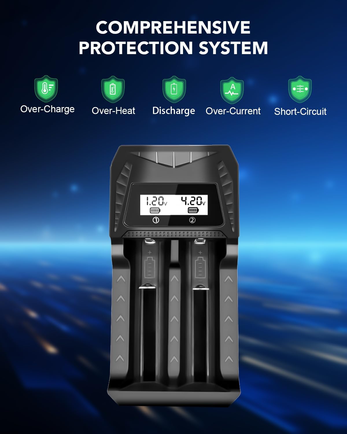 WAVYPO 18650 2 21700 LiFePO4 Battery Charger, Bays Smart Universal Charger with LCD Display for Rechargeable Batteries
