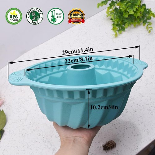 Kenond Silicone Fluted Pans - Non-Stick Baking Molds with Sturdy Handle | 9.5 Inch Blue Bakeware for Cakes & Gelatin