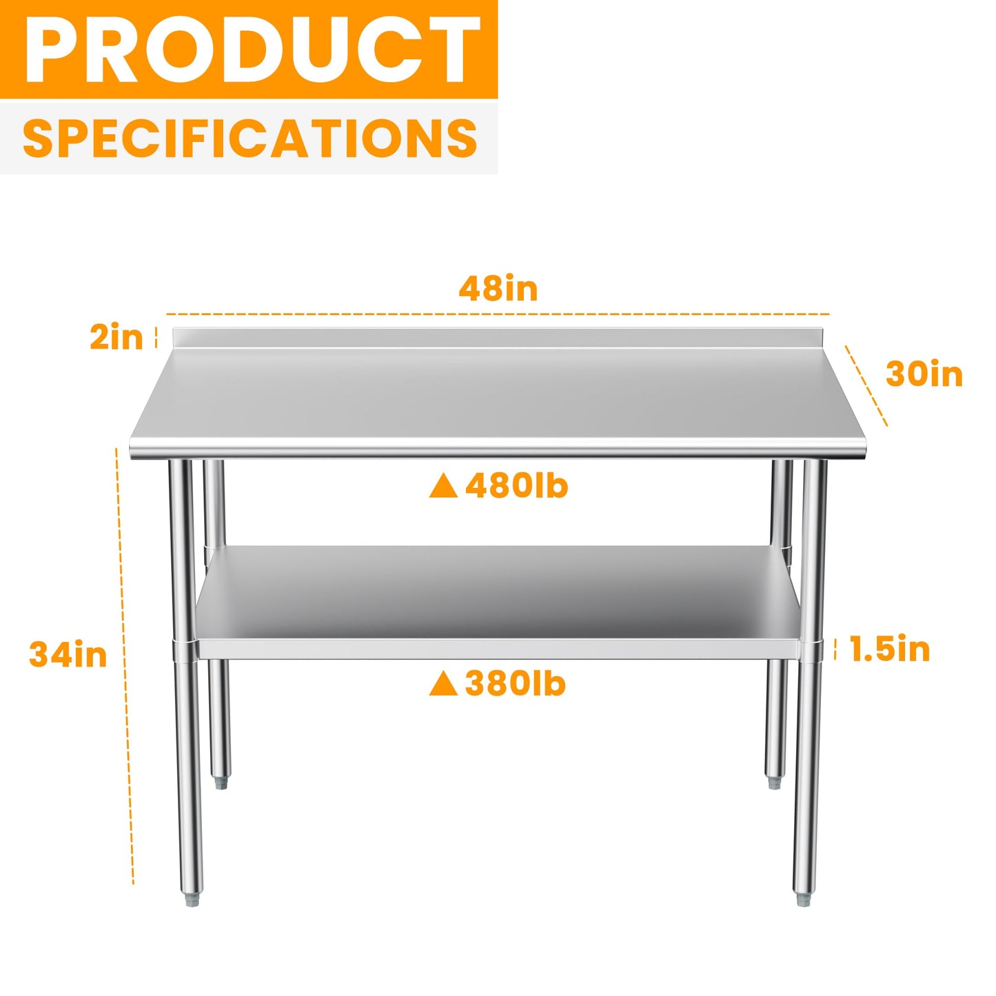 Derro Stainless Steel Table for Prep & Work, 30x48 in, Metal Commercial Heavy Duty Table with Backsplash and Adjustable Under Shelf and Foot for Restaurant, Home and Hotel