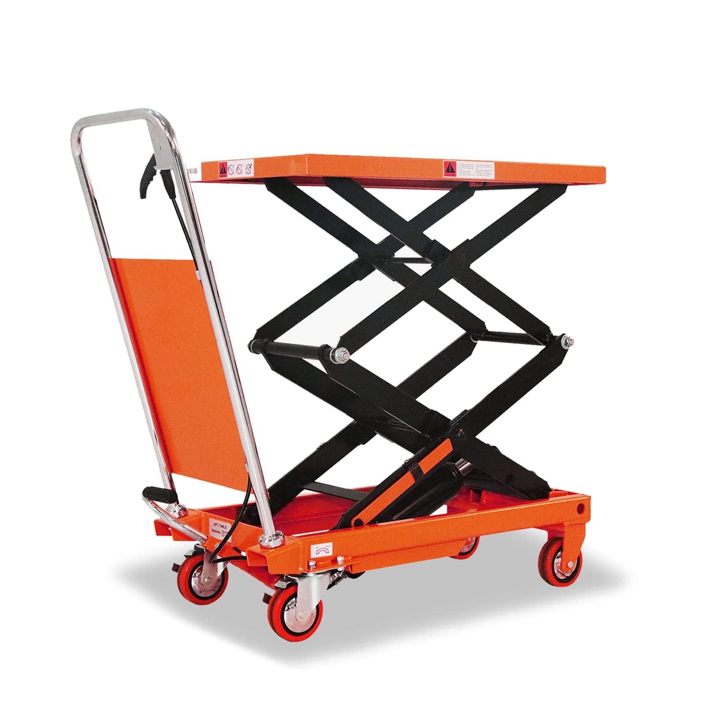 T Tory Carrier Hydraulic Manual Scissor Lift Table Cart, 330 lbs Capacity 43.3" Lifting Height, 4 Wheels Lift Table and Safety Back Guard for Material Handling