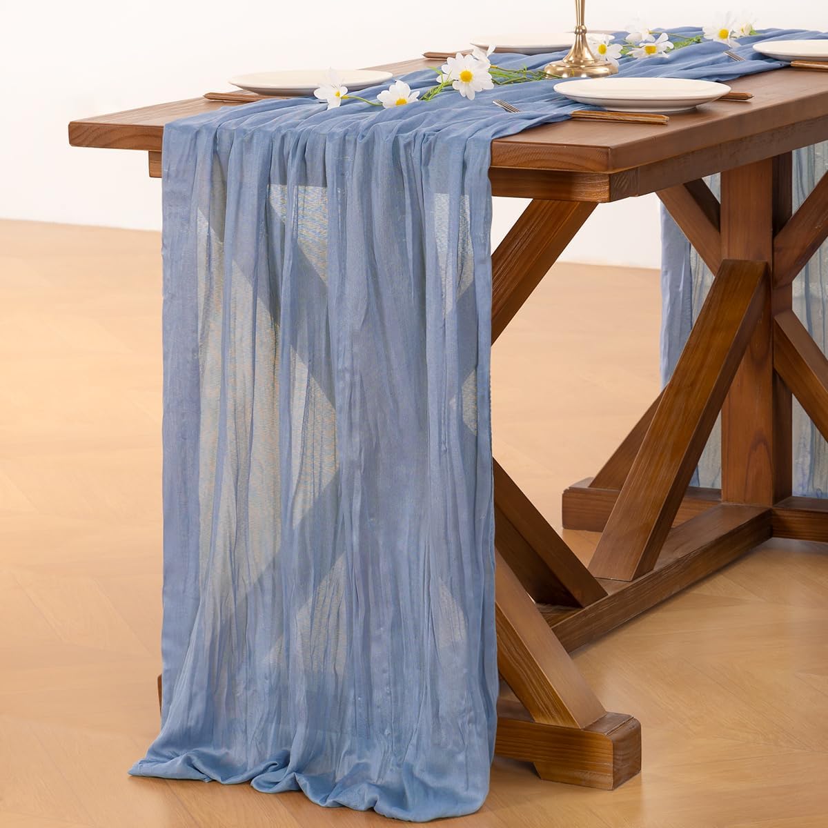 Socomi Cheesecloth Table Runner - Dusty Blue Boho Rustic Design | 120 Inch for Weddings & Events