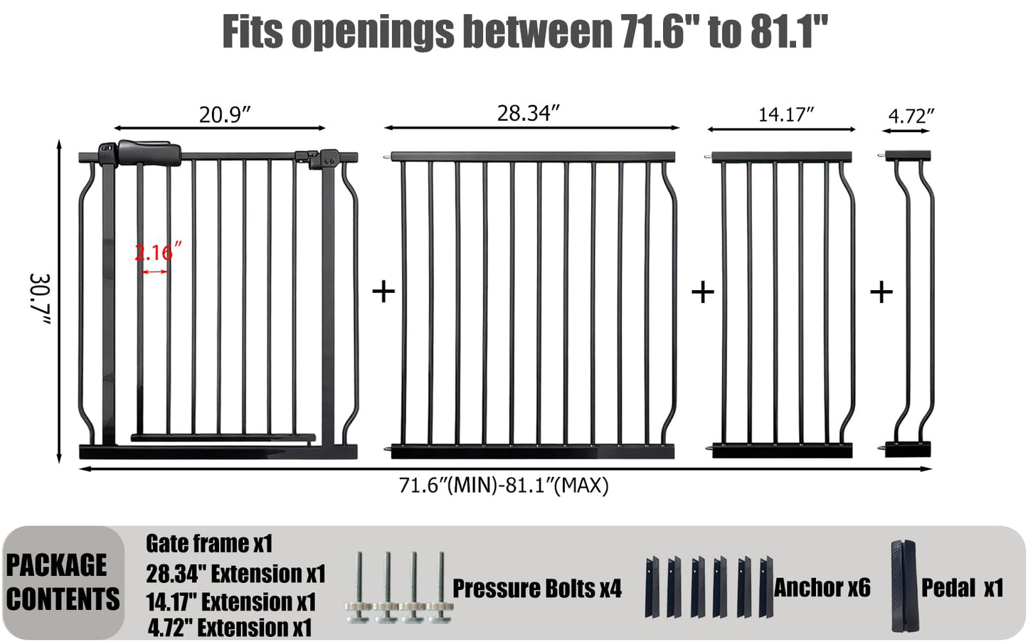 Heavy Duty Baby & Pet Safety Gate - Extra Wide 76.4-81.1 Inch, Black Metal, Pressure Mounted, Walk-Through