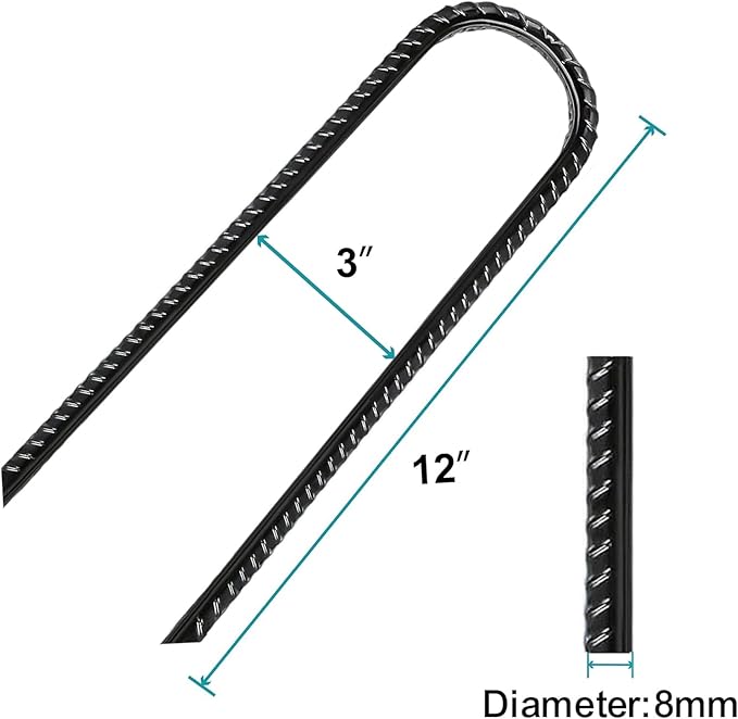 Eurmax USA U-Shaped-Rebar-Stakes-12-Inch, Ground Stakes Heavy Duty Trampoline Stakes Rebar Galvanized for Camping Tent Trampoline Accessories Dog Fence,Pack of 4(Black)
