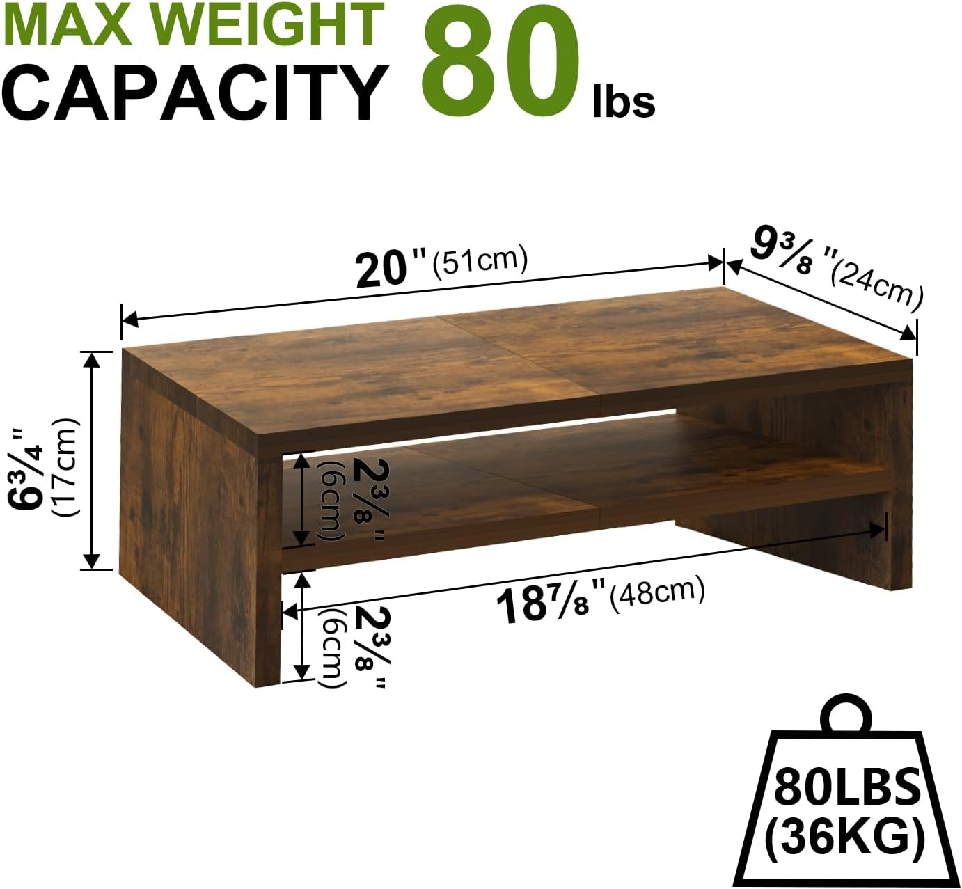 2 TEAMIX Tier Wooden Monitor Riser Stand, Desktop Stand with storage for Laptop/PC/Printer/Keyboard, TV Stand Shelf