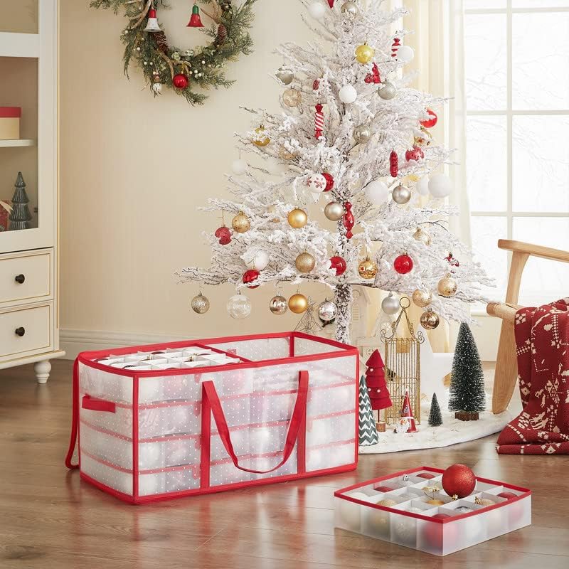 SONGMICS Christmas Ornament Storage Box - 128 Slots for 3-Inch Balls | Durable Plastic with Dual Zippers, Cherry Red
