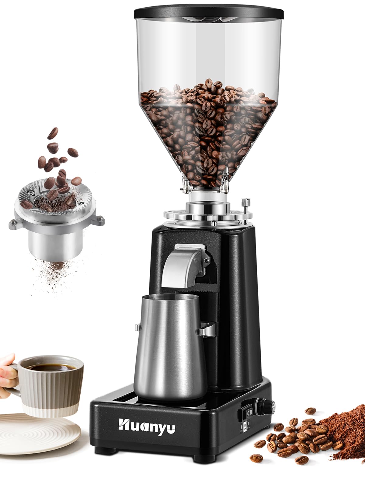 Huanyu Burr Coffee Grinder- Stainless Steel Flat Burr, 19 Precise Grind Settings, 35oz Capacity and Dual Dosing for Espresso, Pour Over, French Press, Black