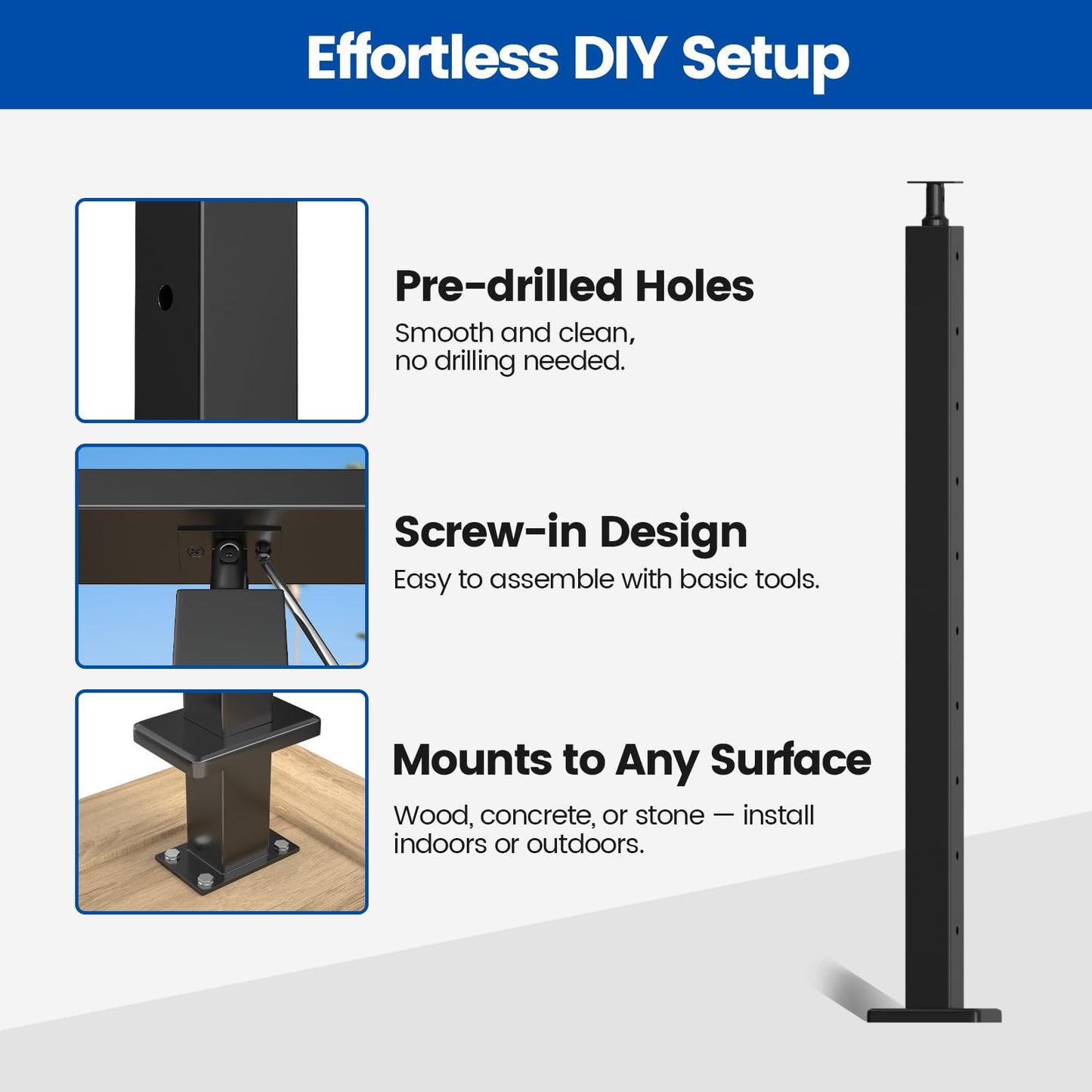 Muzata Black Cable Railing Post 36 Inch 36"x2"x2" Level Drilled Surface Mount T304 Stainless Steel Cable Railing System Kit Indoor Outdoor with Paper User Guide PS01 BH4S