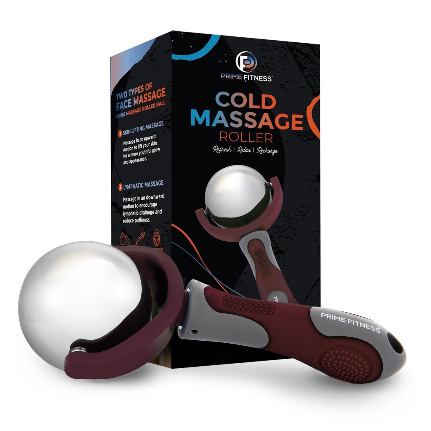 PRIME Fitness Cold Massage Roller Ball | Cold Therapy | Ice Roller Ball with Handle | cryo Stick | Relieve Muscle Pain (Maroon)