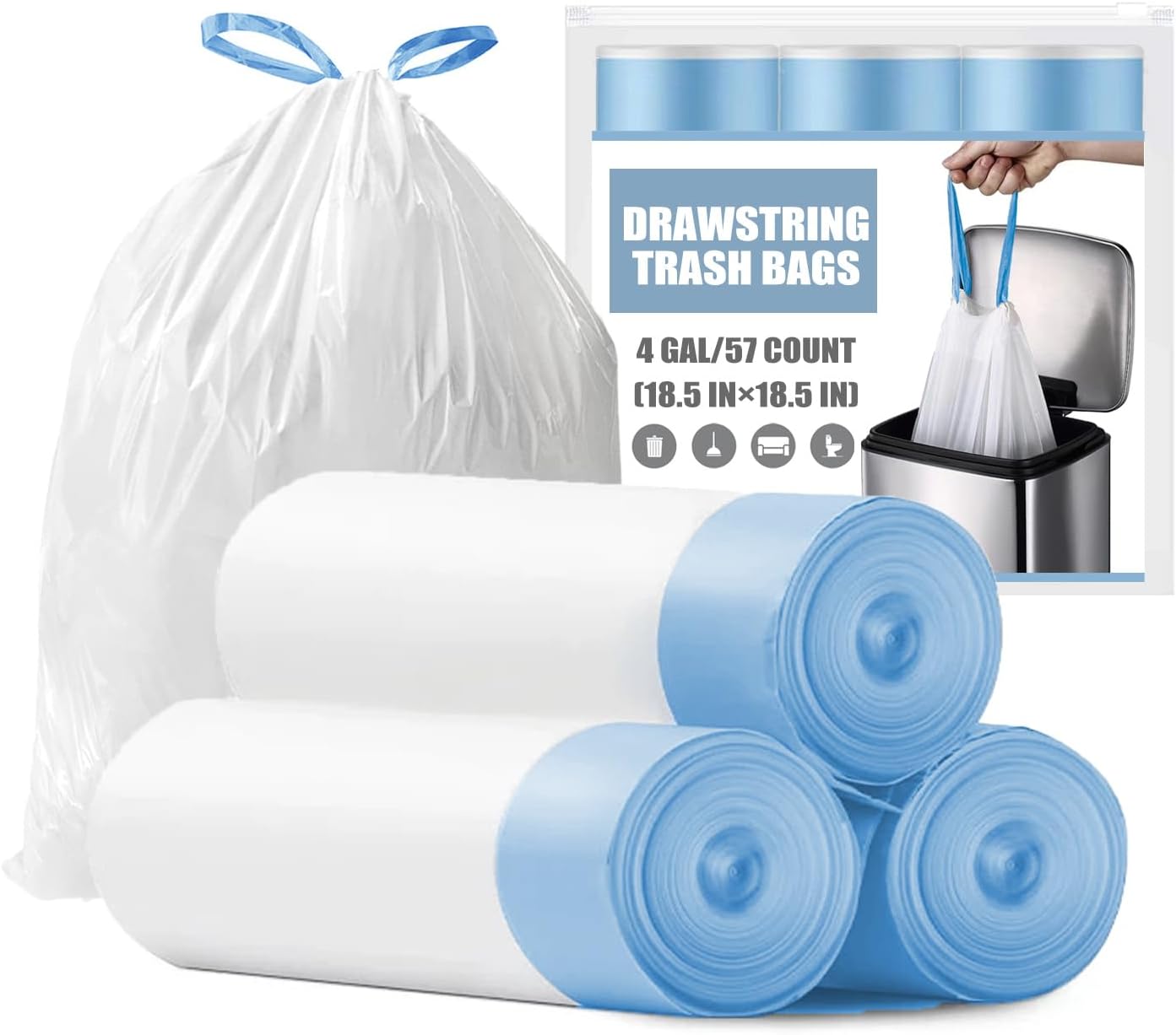 Small Trash Bags - 4 Gallon Drawstring Garbage Bags | Tear-Free Unscented White, 57 Count