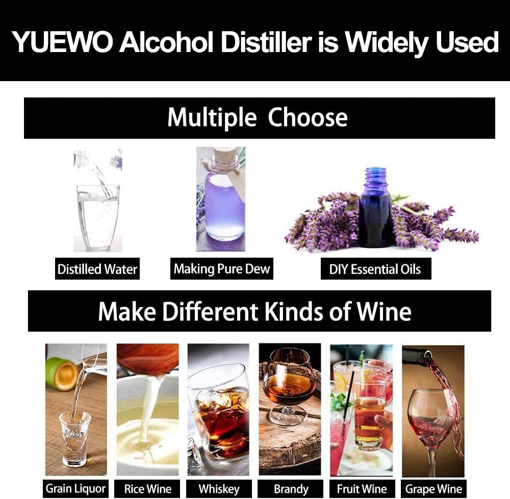 YUEWO 110V Electric Heating Automatic Alcohol Still Water Distiller Whiskey Barrel Wine Making Kit for Home Countertop for DIY Vodka Alcohol Distilled Water