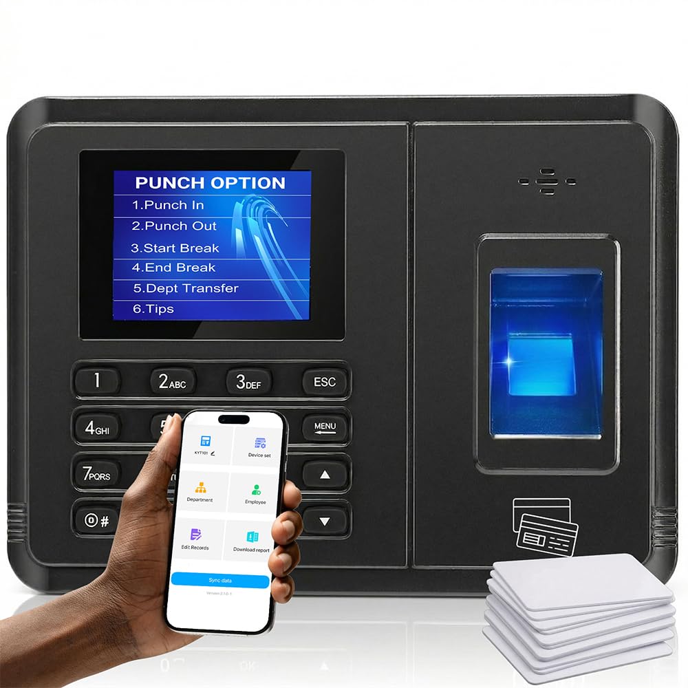 Tymelix Time Clock System: App Control & 5s Fast Connection, Customizable Rules & 4 Payroll Reports, 10 IC Cards, No Monthly Fee Biometric Fingerprint Time Clocks for Employees Small Business